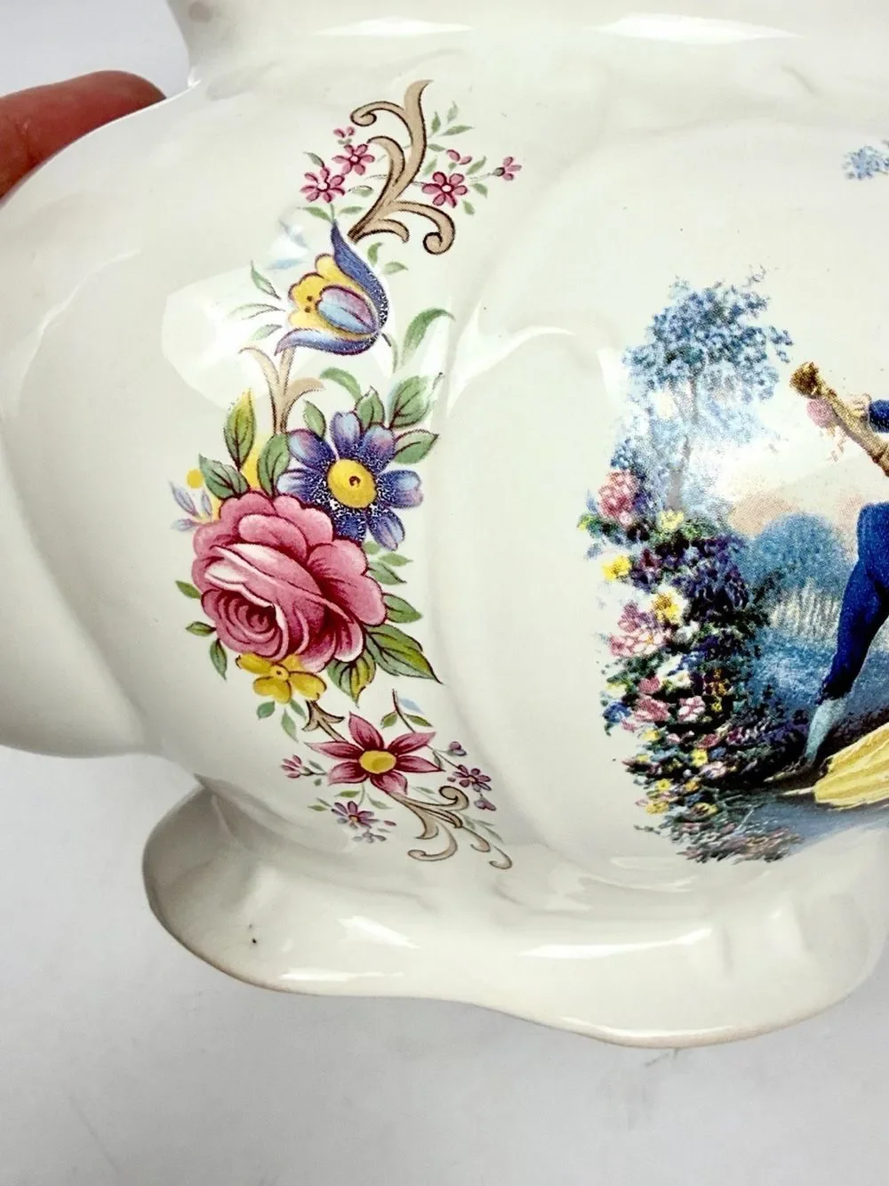 Caledonia Staffordshire England Teapot Floral Courting Scene Gold Trim 6 Cups